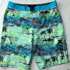 Hurley Surf Print Board Shorts - Blue and Green Sz 16 / 28 swim trunks